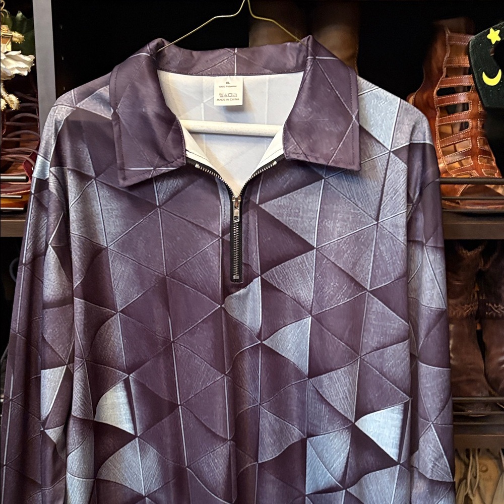 Mens Geometric Quarter-Zip Dress Shirt - Purple